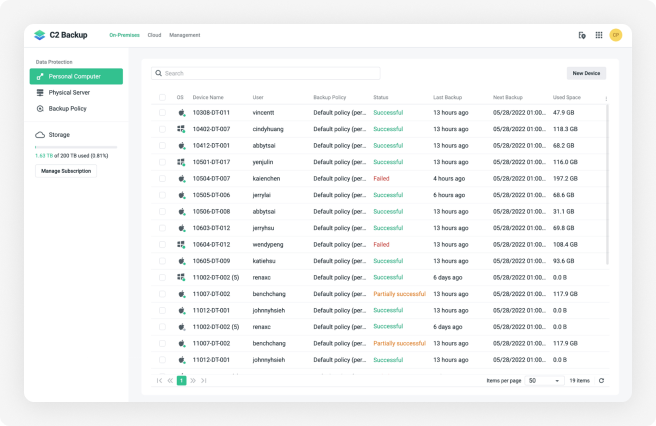 C2 Backup for Business의 사용자 인터페이스를 나타내는 이미지